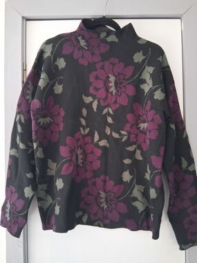 Black Floral Knit Sweater with Plum Flowers